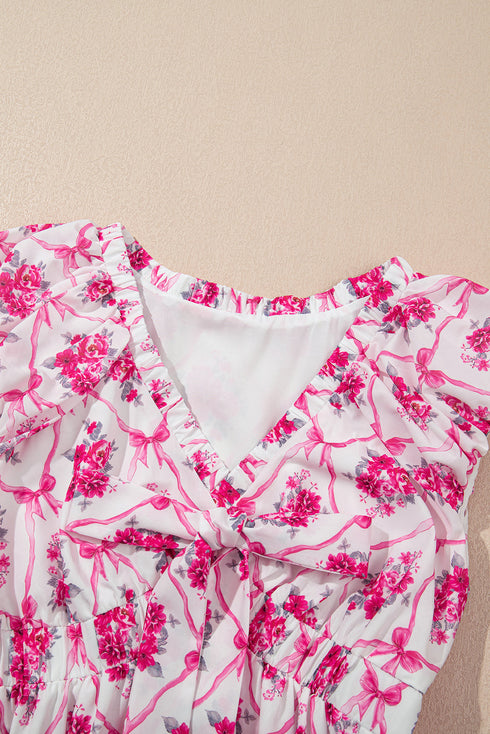 Floral Ruffle Shoulder V Neck Mini Dress with Bow Detail